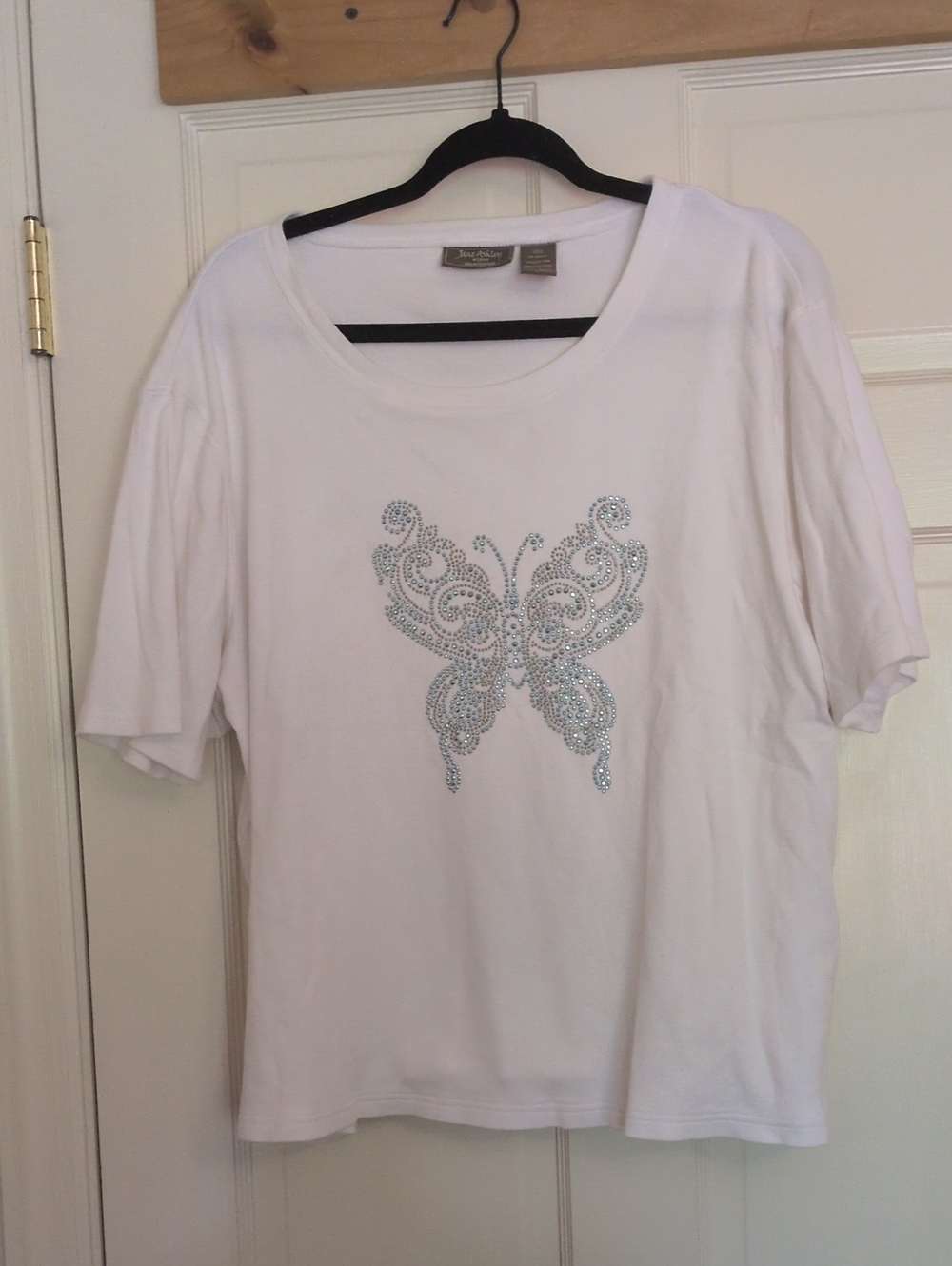Jane Ashley White Short-Sleeve Tee with Silver Rhinestone Butterfly